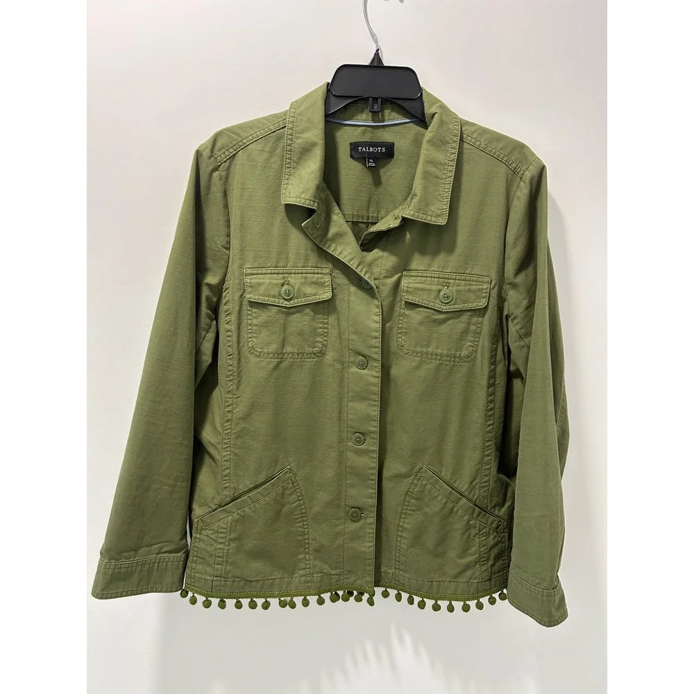 Talbots Womens XL Olive Green 100% Cotton Utility Jacket Pom Pom Trim Field Coat